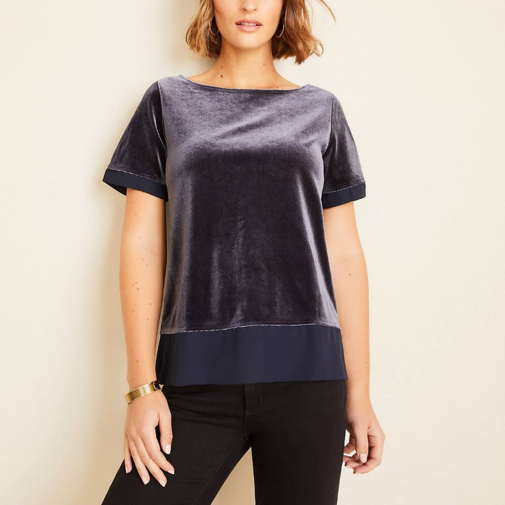 Ann Taylor Velvet Jewel Neck Top Navy Sz S M NWT